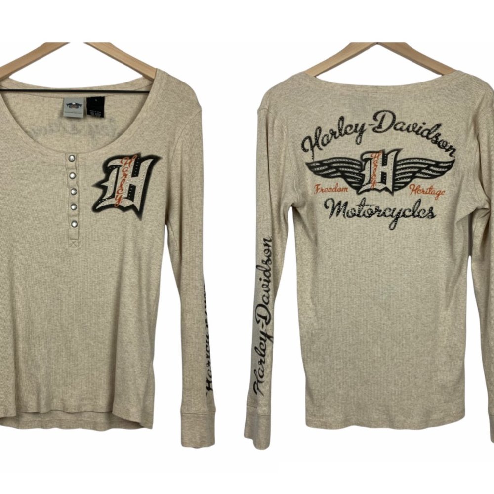 *SOLD* Harley-Davidson Women's Beige Rhinestone Long Sleeve Henley Top Size L